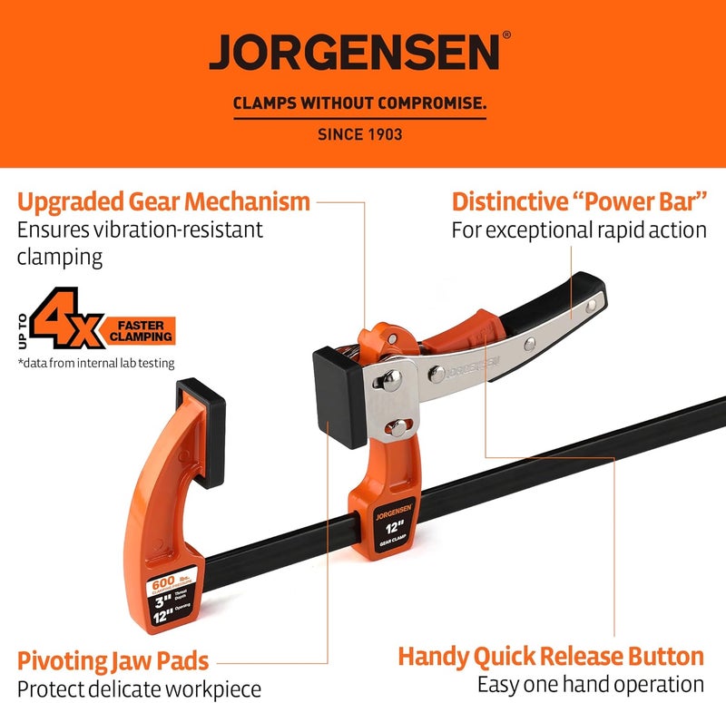 Jorgensen 12-inch Bar Clamp Set, Ratcheting Bar Clamp for Woodworking, Quick Release Gear Clamp with 600 lbs Load Limit - 2 Pack - Image 3